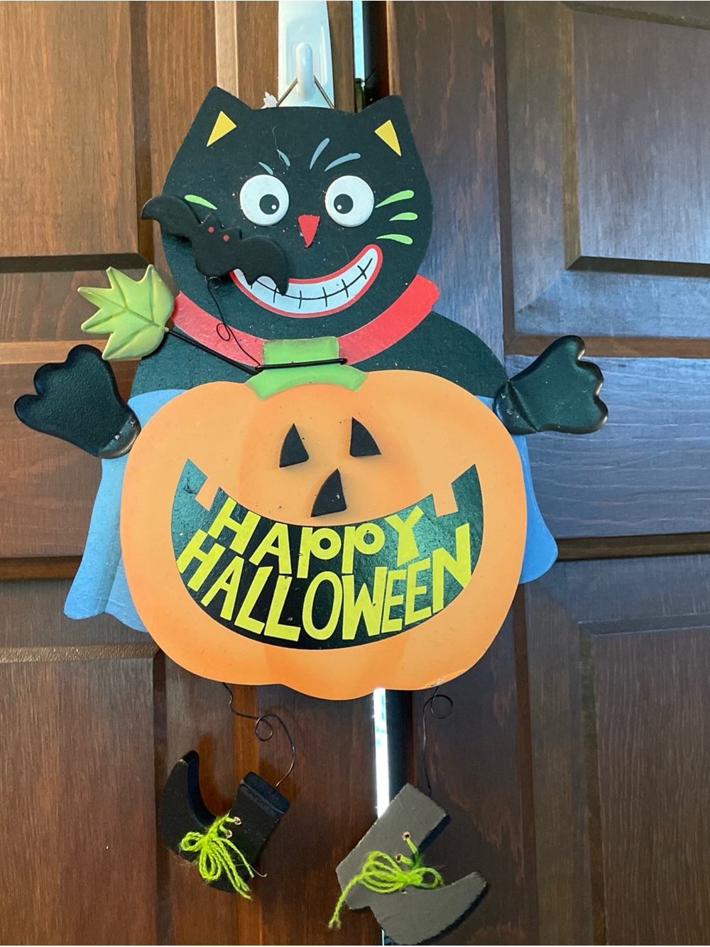 HAPPY HALLOWEEN BLACK CAT Hanging Sign Home Decor Jack-O-Lantern Bat RARE Vntg